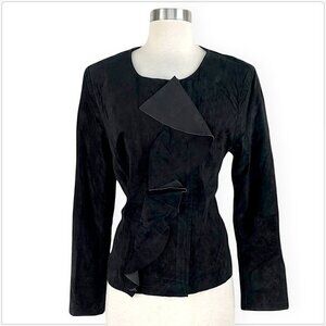 Tribal Brand Vintage Black 100% Suede Leather Ruffle Zip Front Fitted Jacket 8